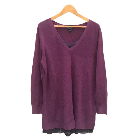 Torrid Sweater Lace Trim V-Neck Plus 2 2X 18 20 Burgundy + Black Cotton Acrylic - Picture 1 of 8